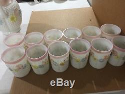 Cosmo Pattern Milk Glass Pitcher Set With 12 Glasses