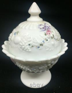 Covered Candy Dish Compote White Milk Glass Hand Paint Ribbons Bows Westmoreland