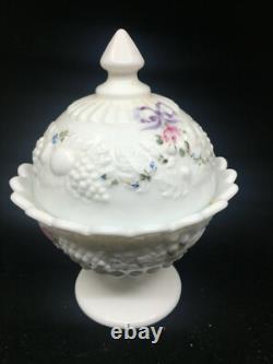 Covered Candy Dish Compote White Milk Glass Hand Paint Ribbons Bows Westmoreland
