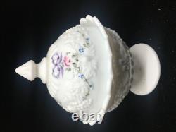 Covered Candy Dish Compote White Milk Glass Hand Paint Ribbons Bows Westmoreland