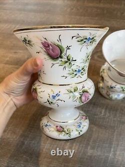 Czech Enamel White Milk Glass Hand Painted Rose Floral Pair Vases 7 Vintage