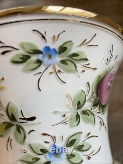 Czech Enamel White Milk Glass Hand Painted Rose Floral Pair Vases 7 Vintage