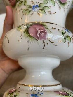 Czech Enamel White Milk Glass Hand Painted Rose Floral Pair Vases 7 Vintage