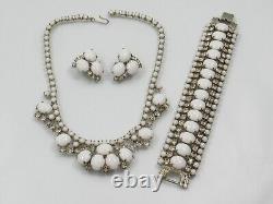 D&E Juliana White Milk Glass Clear Rhinestone Necklace Bracelet Earring Set