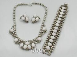 D&E Juliana White Milk Glass Clear Rhinestone Necklace Bracelet Earring Set