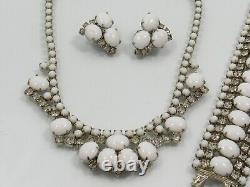 D&E Juliana White Milk Glass Clear Rhinestone Necklace Bracelet Earring Set