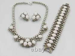 D&E Juliana White Milk Glass Clear Rhinestone Necklace Bracelet Earring Set