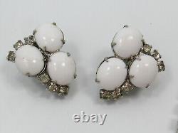 D&E Juliana White Milk Glass Clear Rhinestone Necklace Bracelet Earring Set