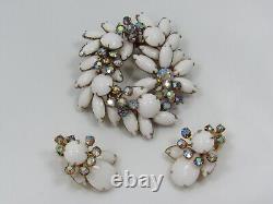 D&E Juliana White Milk Glass Clear Rhinestone Necklace Bracelet Earring Set