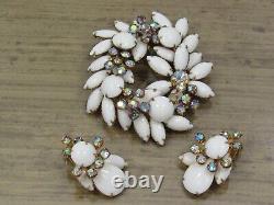 D&E Juliana White Milk Glass Clear Rhinestone Necklace Bracelet Earring Set