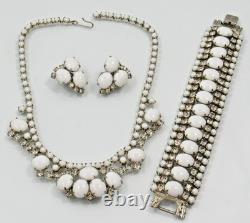 D&E Juliana White Milk Glass Clear Rhinestone Necklace Bracelet Earrings SET