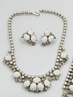 D&E Juliana White Milk Glass Clear Rhinestone Necklace Bracelet Earrings SET