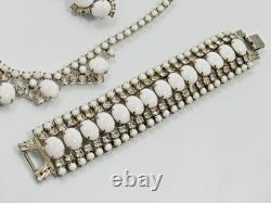 D&E Juliana White Milk Glass Clear Rhinestone Necklace Bracelet Earrings SET