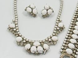 D&E Juliana White Milk Glass Clear Rhinestone Necklace Bracelet Earrings SET