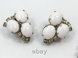 D&E Juliana White Milk Glass Clear Rhinestone Necklace Bracelet Earrings SET