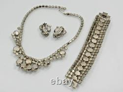 D&E Juliana White Milk Glass Clear Rhinestone Necklace Bracelet Earrings SET