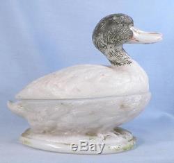 Duck Milk Glass Butter Dish Vallerysthal Antique Covered A Beauty 1914