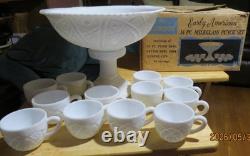 EARLY AMERICAN McKEE THE CONCORD MILK GLASS 14 pc PEDESTAL PUNCHBOWL SET with BOX