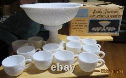 EARLY AMERICAN McKEE THE CONCORD MILK GLASS 14 pc PEDESTAL PUNCHBOWL SET with BOX
