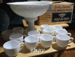 EARLY AMERICAN McKEE THE CONCORD MILK GLASS 14 pc PEDESTAL PUNCHBOWL SET with BOX