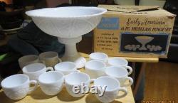 EARLY AMERICAN McKEE THE CONCORD MILK GLASS 14 pc PEDESTAL PUNCHBOWL SET with BOX
