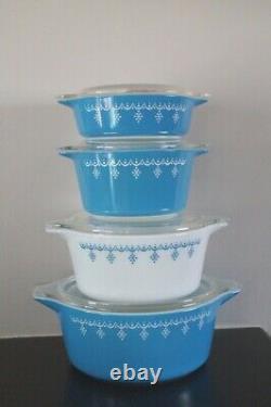 EUC Set of 4 Blue & White Pyrex Snowflake Garland Cinderella Casseroles withLids