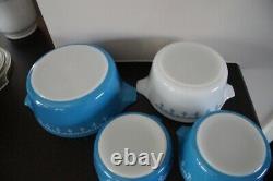 EUC Set of 4 Blue & White Pyrex Snowflake Garland Cinderella Casseroles withLids