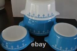 EUC Set of 4 Blue & White Pyrex Snowflake Garland Cinderella Casseroles withLids