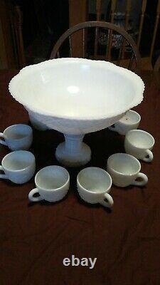Early American White Milk Glass Punch Bowl Set