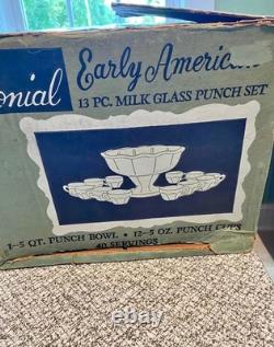 Early Americas Vintage Milk Glass Punch Bowl And Cups Complete Set With Box