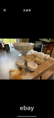 Early Americas Vintage Milk Glass Punch Bowl And Cups Complete Set With Box