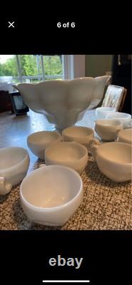 Early Americas Vintage Milk Glass Punch Bowl And Cups Complete Set With Box