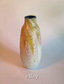 Early Charles Lotton Aqua Interior Milk Glass Feathered Vase