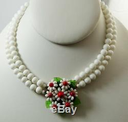 Early Miriam Haskell White Glass Daisy Cluster 2 Strand Necklace, Milk Glass