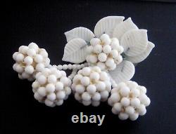 Early Unsigned Miriam Haskell Pin white milk glass beads and leaves