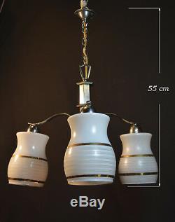 Elegant 1940s art deco three arm chandelier Gilt Opaline Milk Glass shades