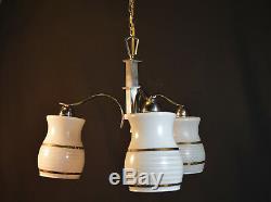 Elegant 1940s art deco three arm chandelier Gilt Opaline Milk Glass shades