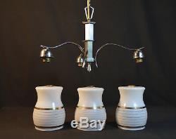 Elegant 1940s art deco three arm chandelier Gilt Opaline Milk Glass shades