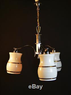 Elegant 1940s art deco three arm chandelier Gilt Opaline Milk Glass shades