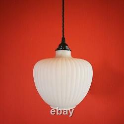 Elegant vintage opaline milk glass ribbed reeded glass ceiling pendant light