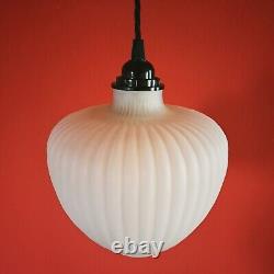 Elegant vintage opaline milk glass ribbed reeded glass ceiling pendant light