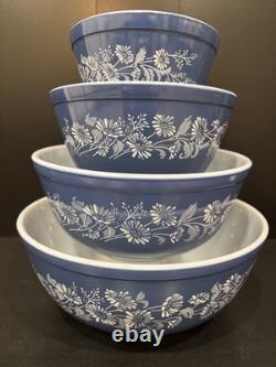 Excellent PYREX Blue Colonial Mist Set-4 Nesting Mixing Bowls #401,402,403,404