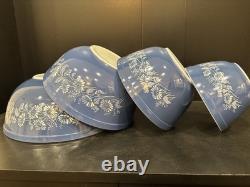 Excellent PYREX Blue Colonial Mist Set-4 Nesting Mixing Bowls #401,402,403,404