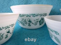 FEDERAL Milk Glass SET 4 -1960s NESTING / MIXING BOWLS Teal Scandinavian Pattern