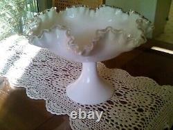 FENTON Crimped Ruffled SILVER CREST Pedestal Bowl 11.5D- 8.25H VTG 60s NEW BOX