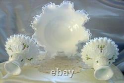 FENTON GLASSMINTVINTAGE70'sHAND PAINTVIOLETS/SNOWSPANISH LACE3pcCONSOLE