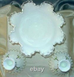 FENTON GLASSMINTVINTAGE70'sHAND PAINTVIOLETS/SNOWSPANISH LACE3pcCONSOLE