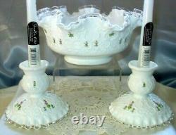 FENTON GLASSMINTVINTAGE70'sHAND PAINTVIOLETS/SNOWSPANISH LACE3pcCONSOLE