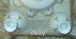 FENTON GLASSMINTVINTAGE70'sHAND PAINTVIOLETS/SNOWSPANISH LACE3pcCONSOLE