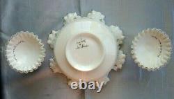 FENTON GLASSMINTVINTAGE70'sHAND PAINTVIOLETS/SNOWSPANISH LACE3pcCONSOLE